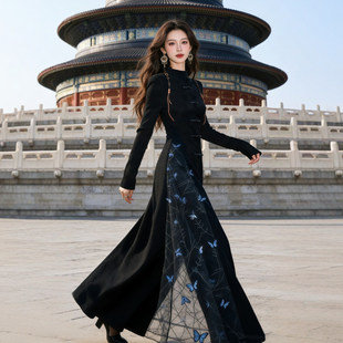 轻奢新中式国风改良旗袍御姐风高级感超好看黑色盘扣收腰洋装冬季