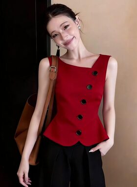 轻奢高级感红色无袖衬衫女春夏季新款洋派减龄小衫掐腰不对称上衣