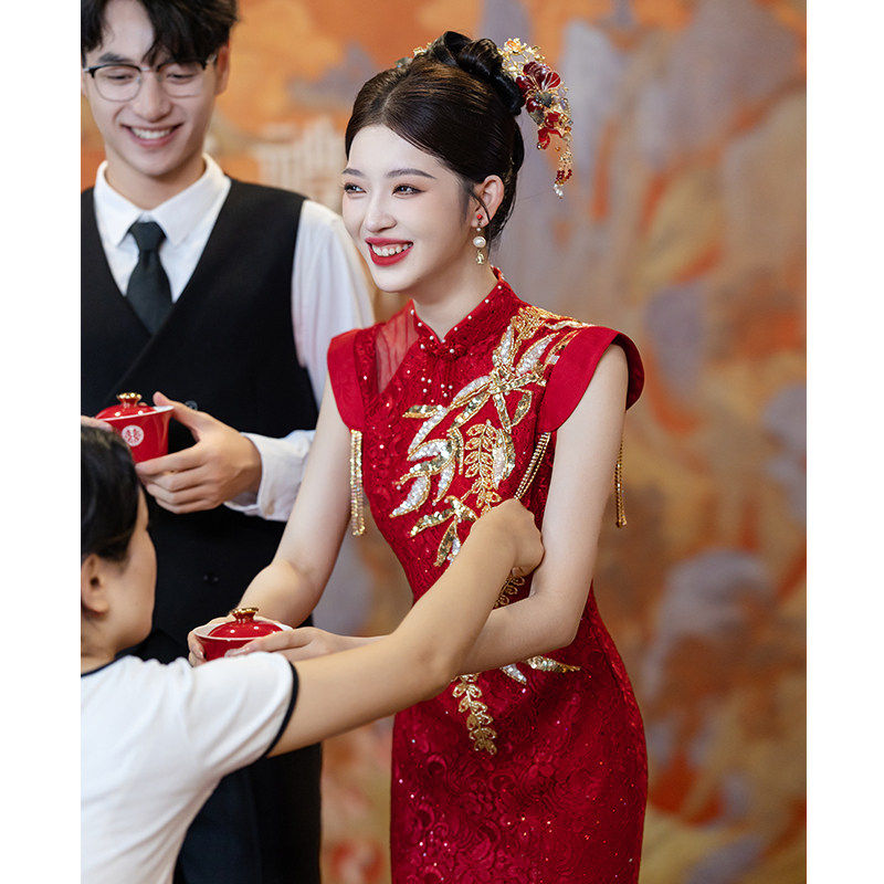 连衣裙新中式改良鱼尾结婚蕾丝