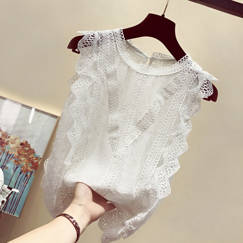潮牌蕾丝衫女装夏季超仙花边无袖气质时尚百搭白色短袖T恤雪纺衫