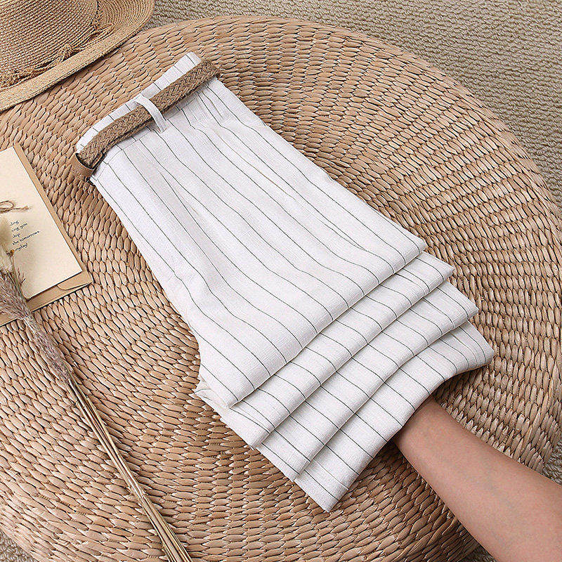 轻奢条纹阔腿裤女新款夏季裤子薄款休闲宽松慵懒风天丝亚麻直筒裤