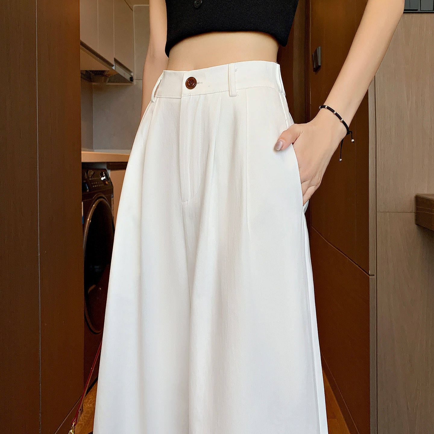 洗水棉白色西装裤女夏季薄款小个子松紧腰宽松显瘦直筒九分阔腿裤