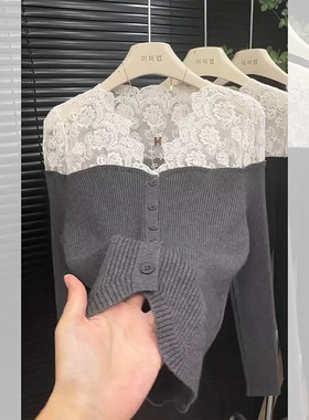 法式灰色蕾丝拼接开衫毛衣女秋冬内搭打底衫独特超好看针织衫上衣