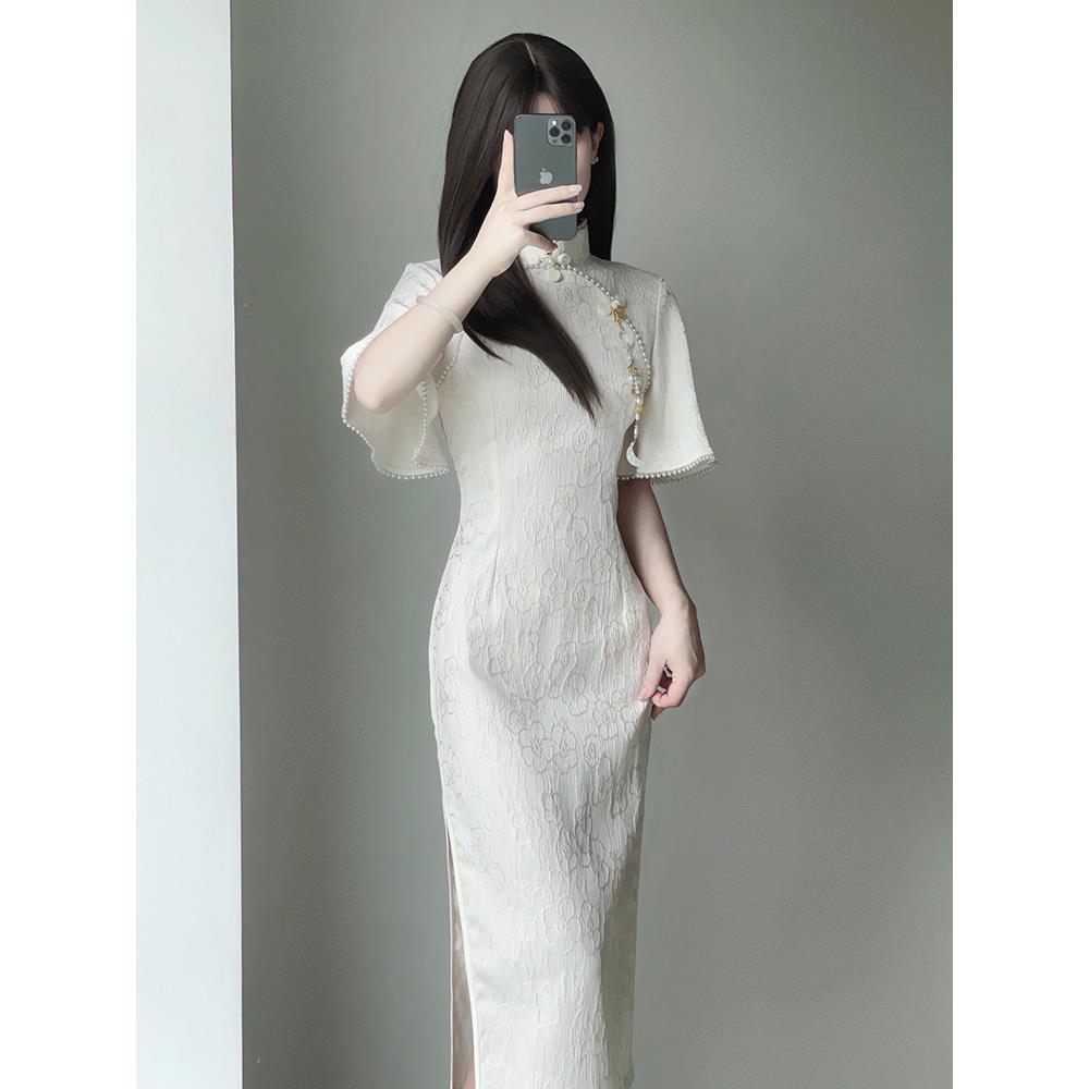 轻奢新款新中式改良旗袍 少女高端礼服 香槟色滚边设计 短袖长旗