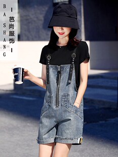女2026新款 宽松短裤 洋气减龄网红夏季 韩版 薄款 潮牌牛仔背带裤