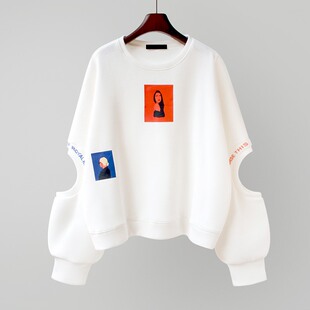 潮牌宽松圆领卫衣女装时尚秋冬短款无帽外套加绒加厚镂空高腰上衣