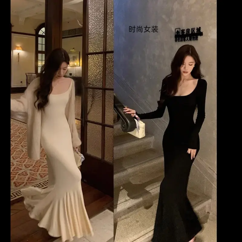 黑色礼服鱼尾裙长袖U领连衣裙子女秋季新款收腰性感露背包臀长裙