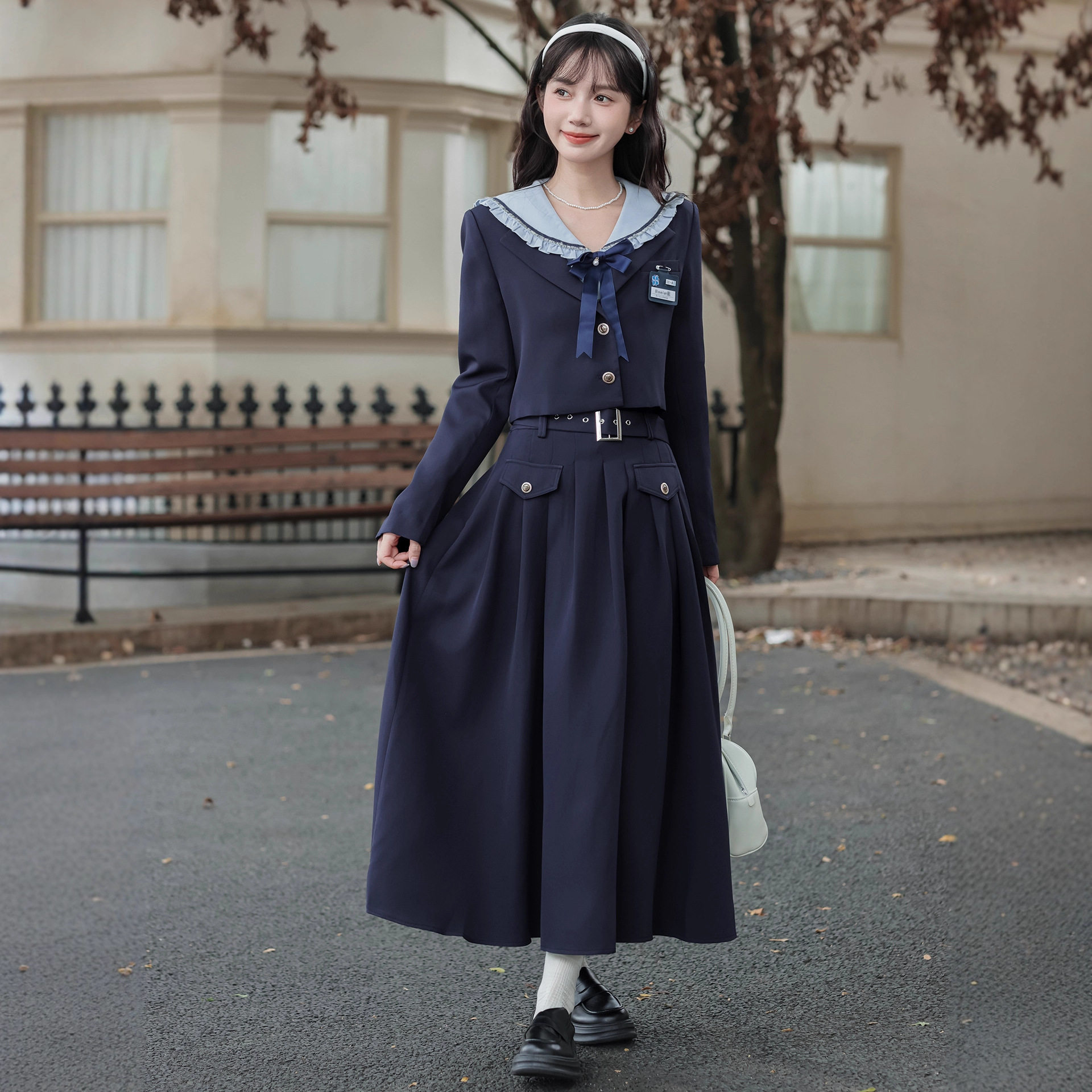 2026春季新款学院风海军领衬衫百褶半身裙女西装外套三件套套装裙