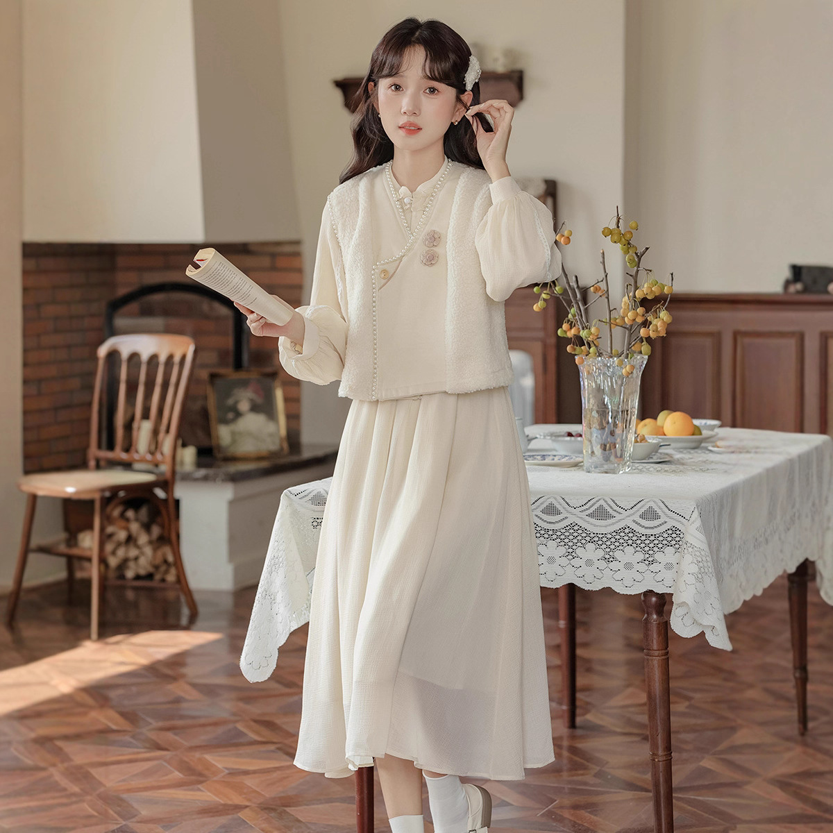 钉珠马甲叠穿连衣裙两件套