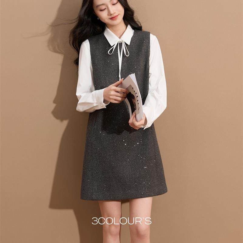 2025秋冬季新款圆领背心小A裙连衣裙短裙叠穿无袖微闪优雅女S