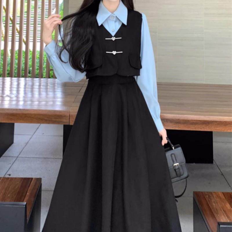 学院风灯芯绒连衣裙大码女遮肚收腰深秋冬新款假两件套装背心裙子