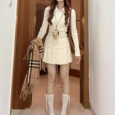2025新款韩系学院风穿搭一整套连衣裙子女秋冬季白色针织套装短裙