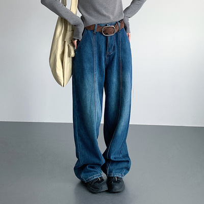 设计感加绒加厚高腰弯刀牛仔裤冬季宽松阔腿裤子爱丝岛潮流女装