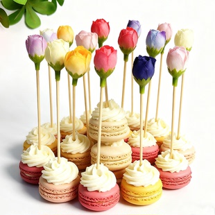 包邮一次性果签冷盘水果拼盘装饰小花签鸡尾酒仿真玫瑰花签蛋糕签