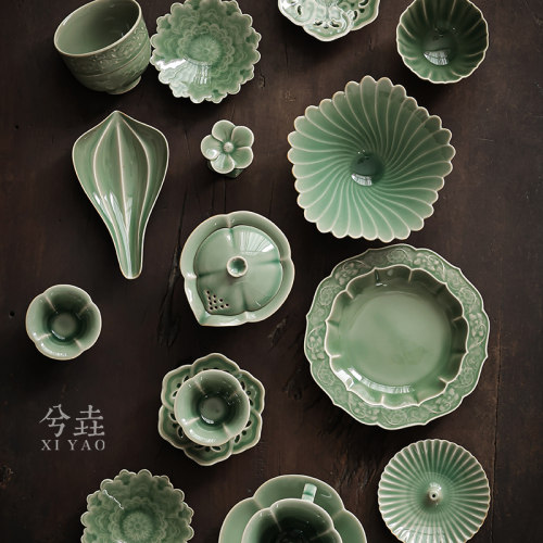 越窑青瓷复古盖碗不烫手功夫茶具