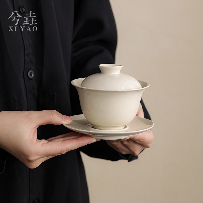 草木灰三才盖碗 陶瓷家用泡茶碗 带盖大号薄胎不烫手功夫茶具套装