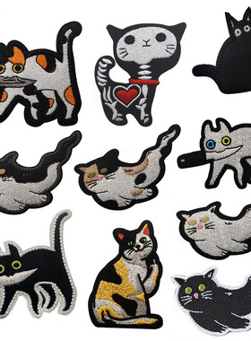 海客户外可爱的含刀小猫咪刺绣布贴黑白色动物造型魔术贴士气章
