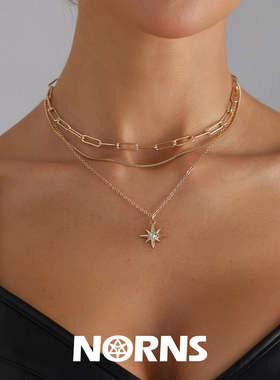 Norns欧美镶钻啊芒星项链百搭复古多层潮流necklace