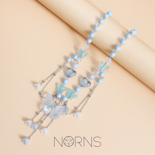 Norns欧美艾莎风格低饱和度小众y2k项链爱心仿珍珠蝴蝶流苏项饰