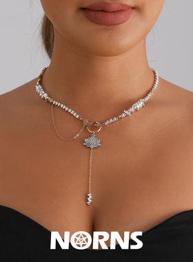 Norns欧美几何三角镶钻莲花项链ins个性创意拼色流苏OT扣necklace