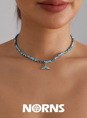Norns波西米亚民族不规则海洋风多切面玻璃项链蓝色滴釉豚尾吊坠