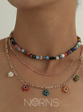 花珠摩洛哥玻璃多层次项链吊饰