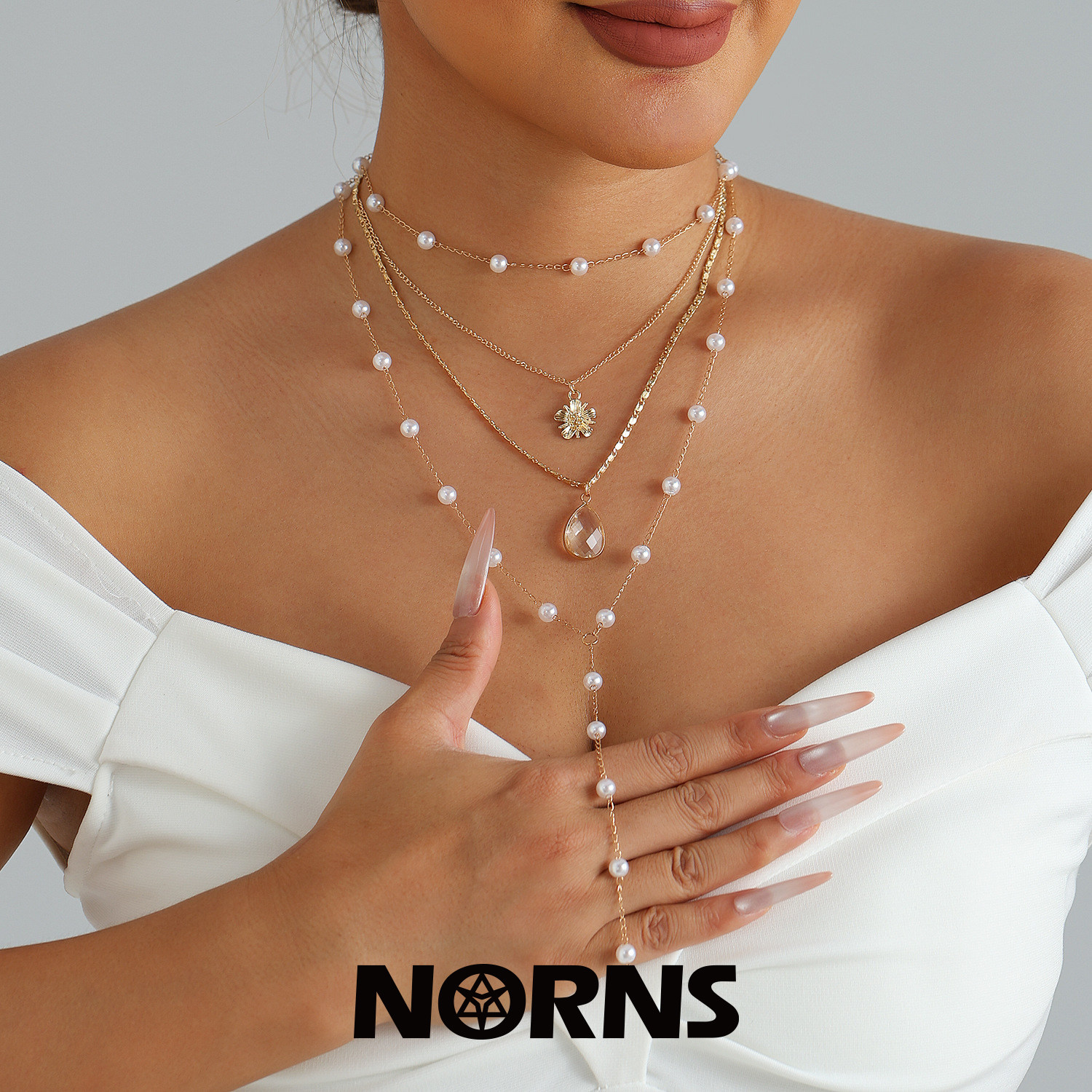 Norns欧美华丽复古珍珠透明水滴吊坠Y型项链 潮流百搭叠戴锁骨链图片
