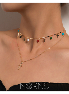 欧美滴釉爱心宝石流苏十字架吊坠