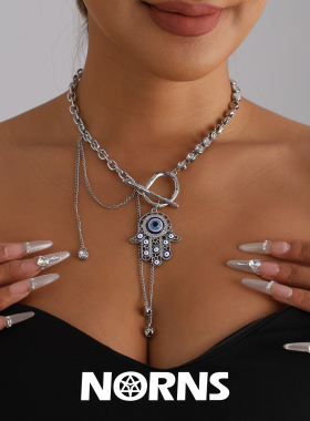 Norns中东新疆法蒂玛之手蓝色土耳其眼珠镂空手掌流苏OT扣项链
