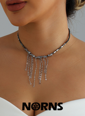 Norns欧美简约几何黑胆石方块流苏串珠项链 个性简约设计necklace