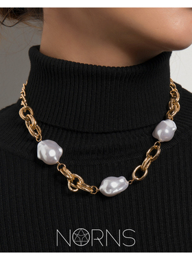 欧美大气几何珍珠拼接锁扣项链