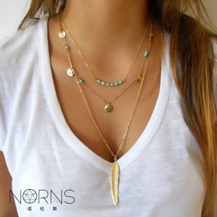 Norns欧美印第安人部落风格金属羽毛吊坠绿松石圆珠亮片多层项链