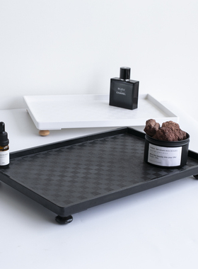 北欧黑白棋盘格托盘长方形家用水杯茶杯盘塑料防水盘茶盘水果盘