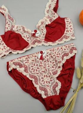 本命年红色内衣套装 性感超薄蕾丝花边透视三角文胸套装80B85B95B