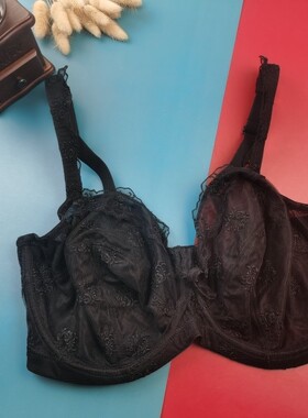 70F70J全透明超薄镂空蕾丝文胸黑色大罩杯大胸内衣外贸J杯胸罩