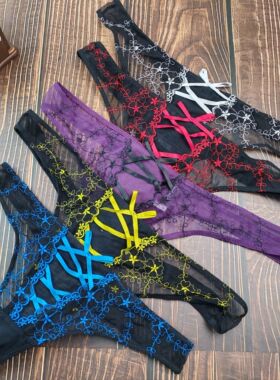 S-L码外贸蕾丝刺绣网纱中低腰女士丁字裤镂空性感大码T字内裤