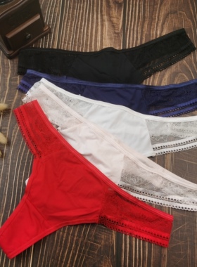 S-XL码外贸冰丝牛奶丝柔滑性感无痕第低腰丁字裤蕾丝花边速干T裤