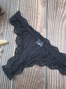 38码外黑色莫代尔面料无痕简约低腰丁字裤蕾丝花边透气T底裤