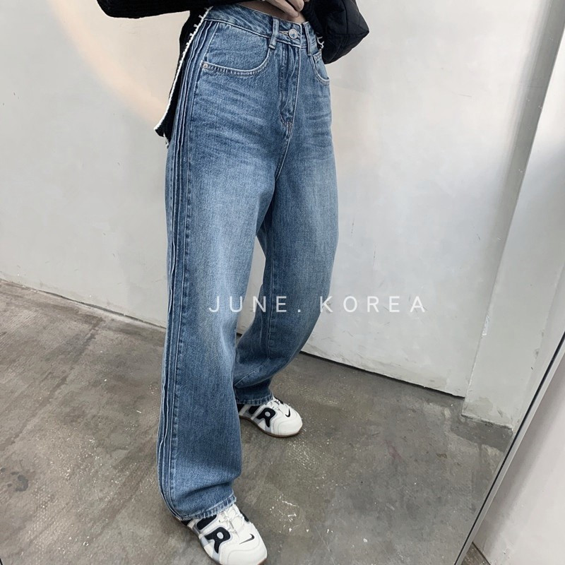 港风复古蓝阔腿牛仔裤女韩版宽松休闲设计感高腰直筒拖地腿长裤