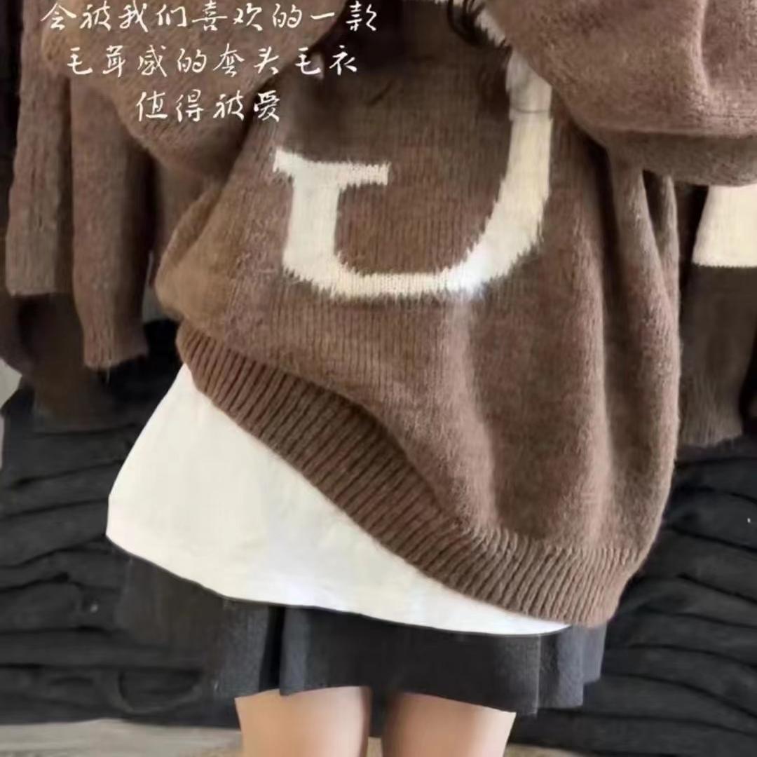 慵懒风软糯毛衣女秋冬新款中长款宽松圆领套头针织衫上衣外套