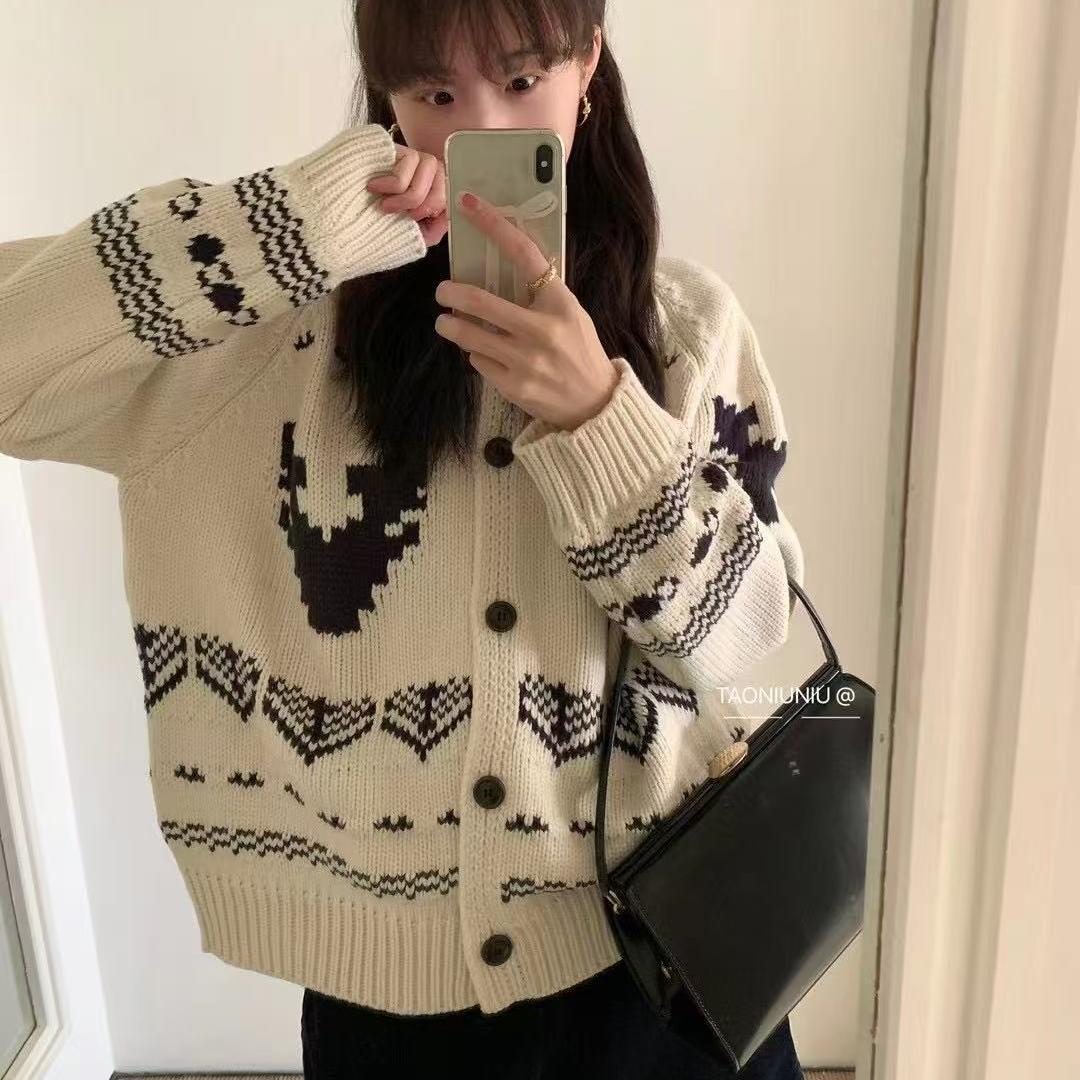费尔岛小鹿图案韩系复古毛衣外套女氛围感提花翻领针织开衫外套