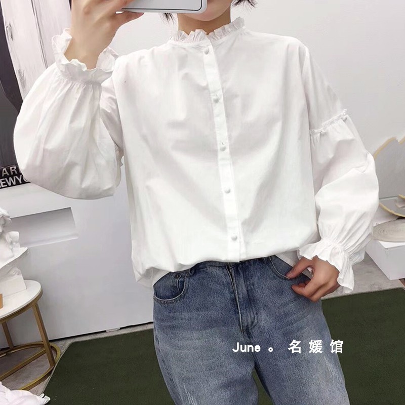 chic早春上衣韩版甜美小香风木耳领衬衫女长袖立领打底白色衬衣