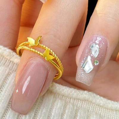 金花韵双蝴蝶戒指女麻花叠戴黄金