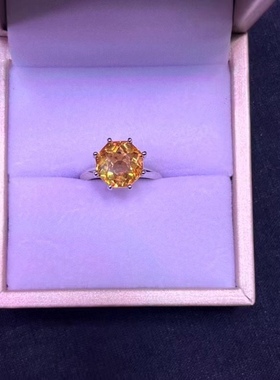 天然黄水晶圆形戒指，裸石规格10毫米，S925纯银托