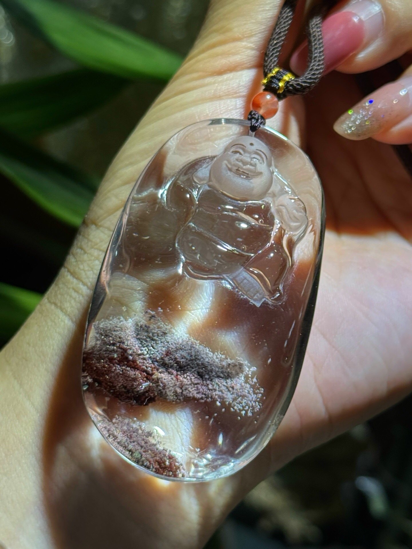 天然水晶弥勒佛吊坠，红幽灵聚宝盆 尺寸64.5-37.6-17.7mm