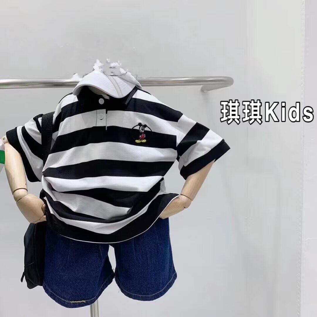 韩版男女童2025夏季翻领纯棉条纹Polo衫儿童米奇卡通短袖宽松t恤