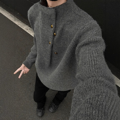 不规则纽扣设计感高领毛衣男韩系潮牌痞帅慵懒oversize针织衫上衣