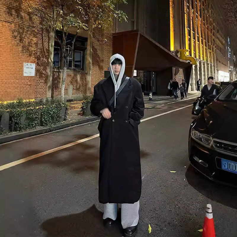 黑色毛呢大衣男中长款秋冬加厚宽毛呢大衣