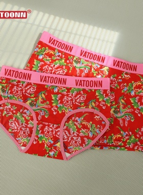 情侣内裤纯棉男生平角女士三角中腰透气印花东北大花本命年红色