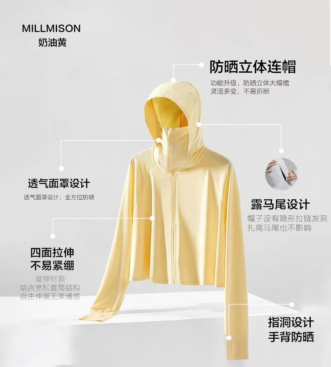 MILLMISON高腰斗篷速干防晒衣吸汗透气防紫外线大帽檐美联美创轻